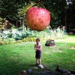 If I were this giant apple, I'd retaliate. I'd applesauce this kid. Squash. 